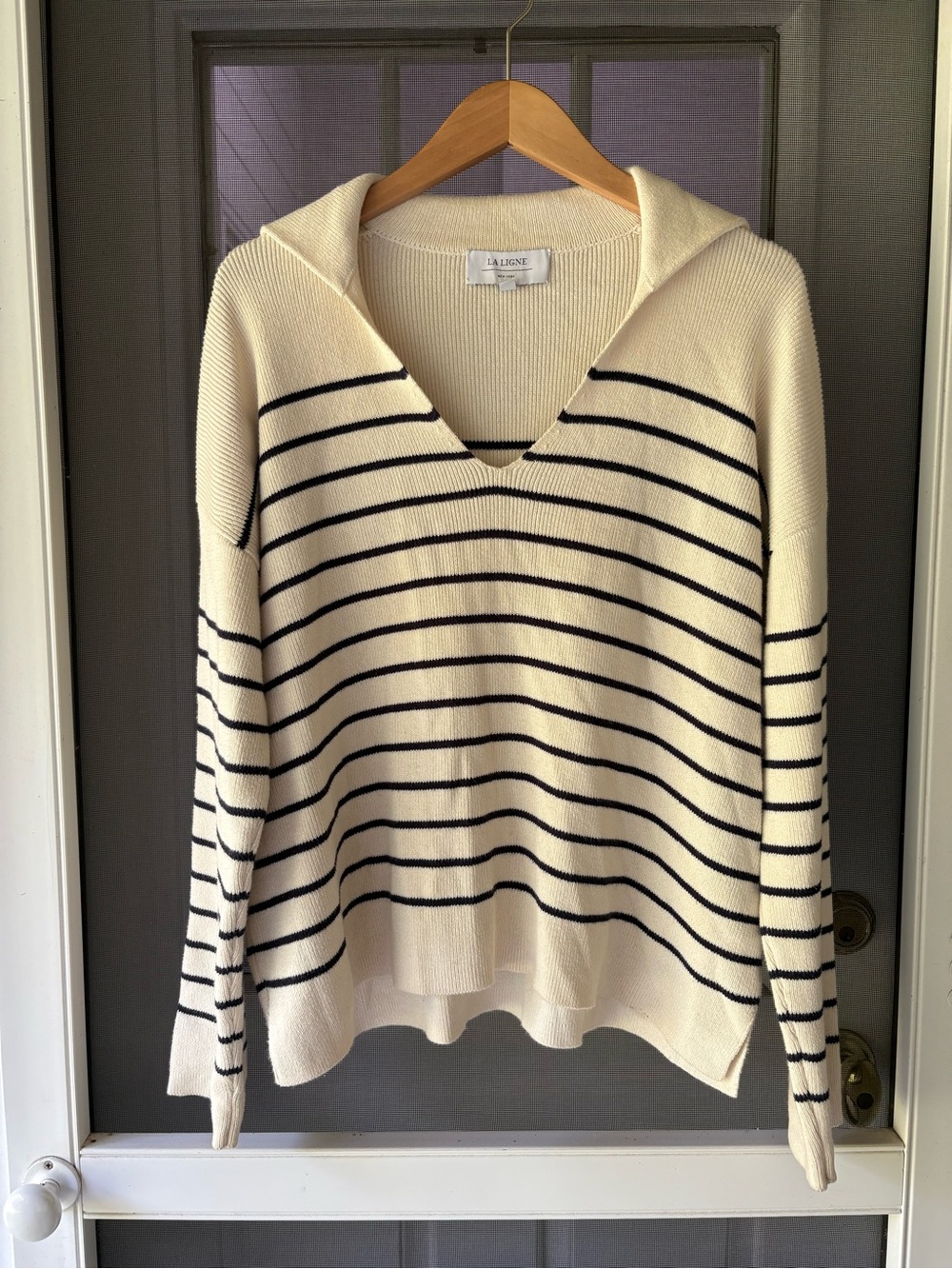 La Ligne Cream and Navy Sailor Striped V-Neck Sweater cotton/cashmere blend